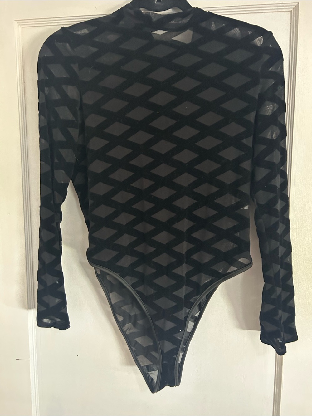 SHEIN Black Diamond Mesh Long-Sleeve Bodysuit NWOT